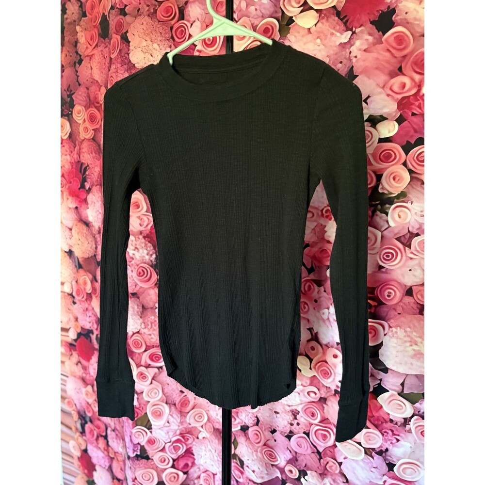 Aerie Ribbed Long Sleeve Top Black Fitted Stretch Crew Neck XS TP